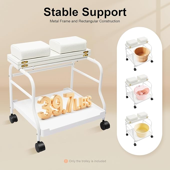 Beauty Salon Nail or Foot Bath Spa, 2Tier Portable Esthetician Trolley Cart Pedicure Manicure Funiture Massage Table Salon Supplies with 4 Wheels for Foot Rest, Hair Salons, Home (White)