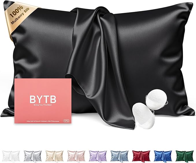 Silk Pillow Cases Queen Size 100% Mulberry Silk Pillowcase for Hair and Skin 22 Momme Both Side Grade 6A Silk Cooling Soft Breathable 20 x 30 Inches with Hidden Zipper 1PC, Black