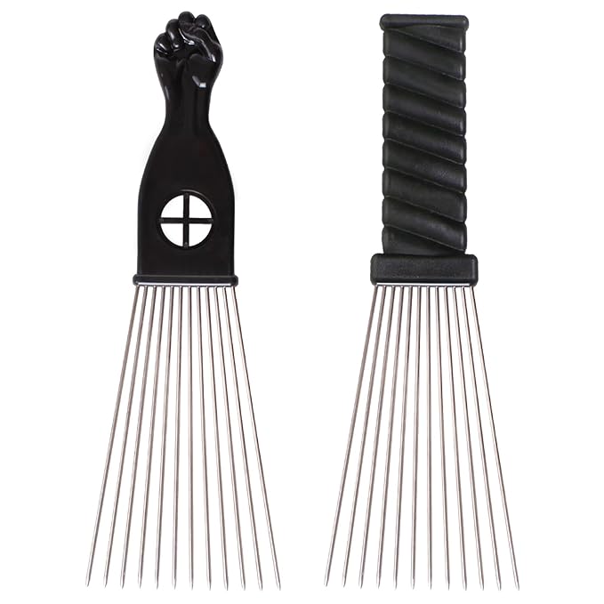COOKOO 2 Pack Metal Afro Hair Styling Combs Curly Hair Styling Wide Tooth Afro Pick Hairdressing Styling Tool Classic Black Handle Design for Women and Men