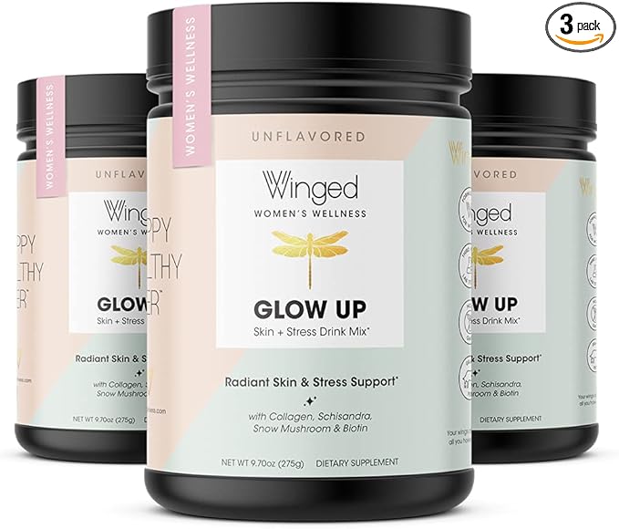 Winged Wellness Glow Up, Collagen Powder for Women - Hair, Skin & Nails Beauty Supplement with Grass-Fed Hydrolyzed Collagen Peptides Adaptogens, Vitamin C & Biotin – 3-Pack, Unflavored