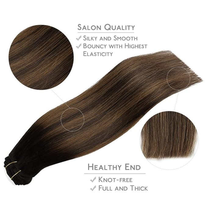WENNALIFE Clip in Hair Extensions Real Human Hair, 14 Inch 110g 7pcs Remy Hair, Balayage Dark Brown Mixed Chestnut Brown Straight Natural Extensiones De Cabello Humano Con Clip Ins