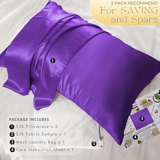 PROMEED 100% Mulberry Silk Pillowcase Set of 2, Both Sides Natural Silk Pillow Case 2 Pack Cooling Pillow Cases for Hot Sleepers, Hidden Zipper Closure (Queen 20"x30", Purple)
