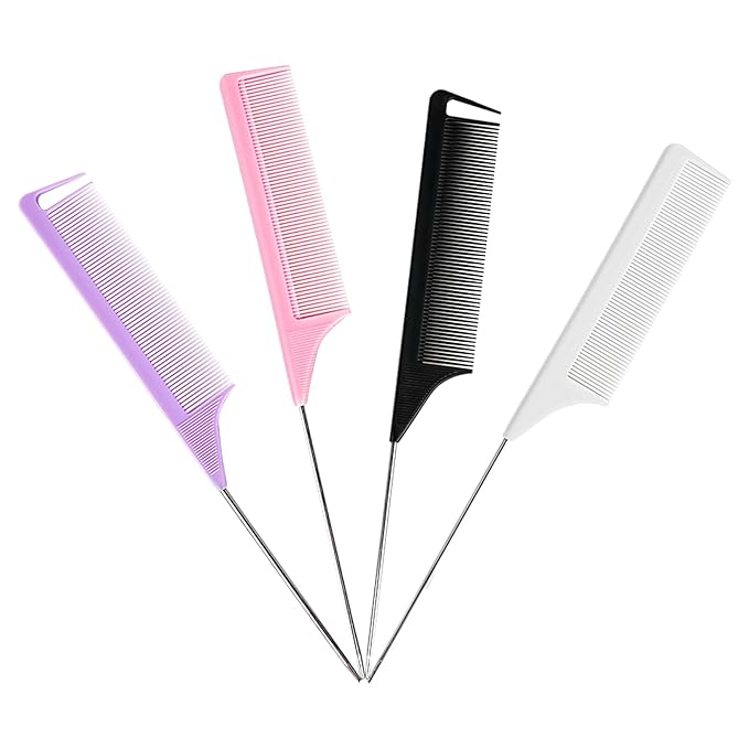 Metal Rat Tail Combs Set for Parting, Fine Tooth Teasing Comb with Metal Pin Tail for Styling and Hair Cutting, 4 Pack Parting Combs for Braiding Hair, Steel Pin Tail Teasing Combs