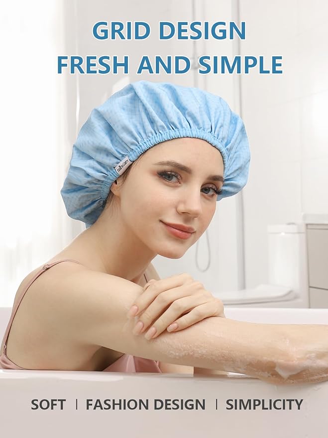 Years calm Shower Caps For Women Reusable Waterproof，Pattern And Solid Color Dual-Layer Design For Dual-Layer Usable，Protects Hair In Shower, Spa, Cooking, Clean & Travel (Blue, Extra Large)