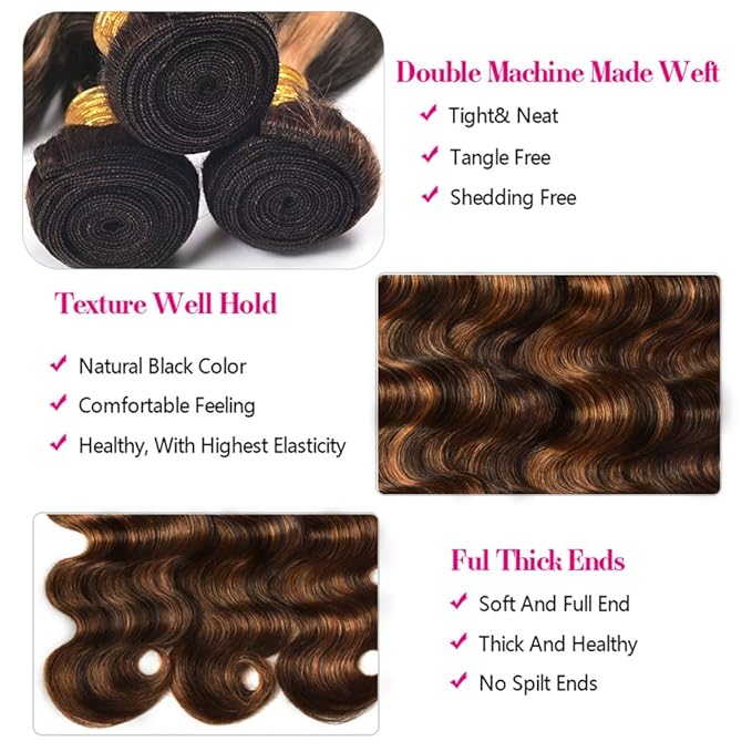 Highlight Bundles Human Hair Light Brown Body Wave Bundle Niegmeag Brazilian Virgin Remy Hair 3 Bundles 18 20 22 Inch Double Weft 2 Tone Black and Light Brown Bundle P1B30 Color