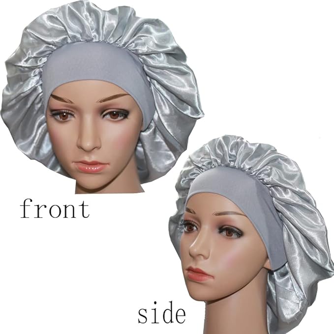 VEYRNEIC Hair Satin Bonnet for Sleeping Shower Caps Silk Chemo Caps with Wide Elastic Band Night Sleep Cap Bonnets for Black Women Braids with Satin Storage Bag (Silver)