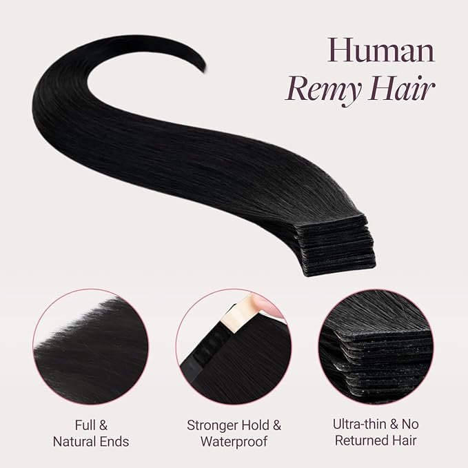 GOO GOO Genius Tape in Hair Extensions, Hand Tied Tape Weft, 1 Jet black, 14inch 50g 20pcs, Remy Human Hair, Seamless Invisible Tape, Natural Blend, Lightweight