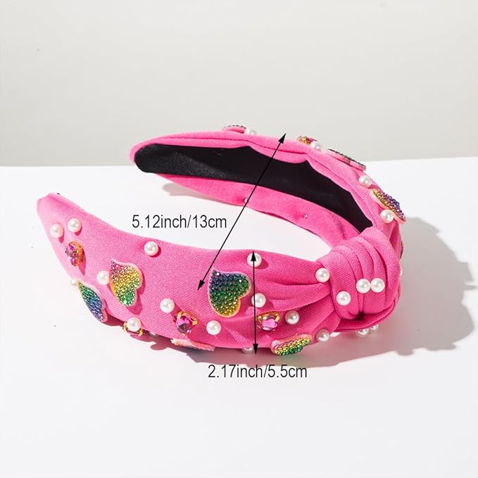 Valentines Day Elegant Pearl Headband, Hot Pink Rhinestone Hearts Design for Women Girls, Cute Wide Knotted Hair Band with Crystal Embellishments for Party Fashion Christmas New Year Hair Accessories