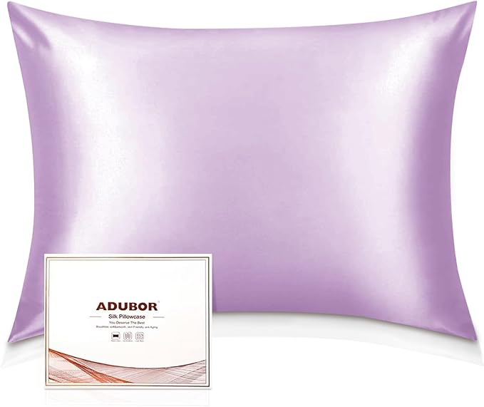 Adubor Mulberry Silk Pillowcase for Hair and Skin with Hidden Zipper, Both Side 23 Momme Silk, 900 Thread Count (20x30 inches, Queen Size, Light Purple, 1pc)
