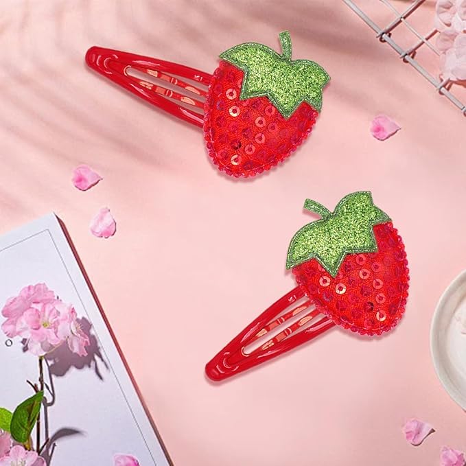 IKOLA Snap Hair Clips for Girls, Sequin Strawberry Hair Clips Water Drop Non Slip Fabric Hair Barrettes Sparkly Hair Accessories for Kids, Toddler Girls - Red