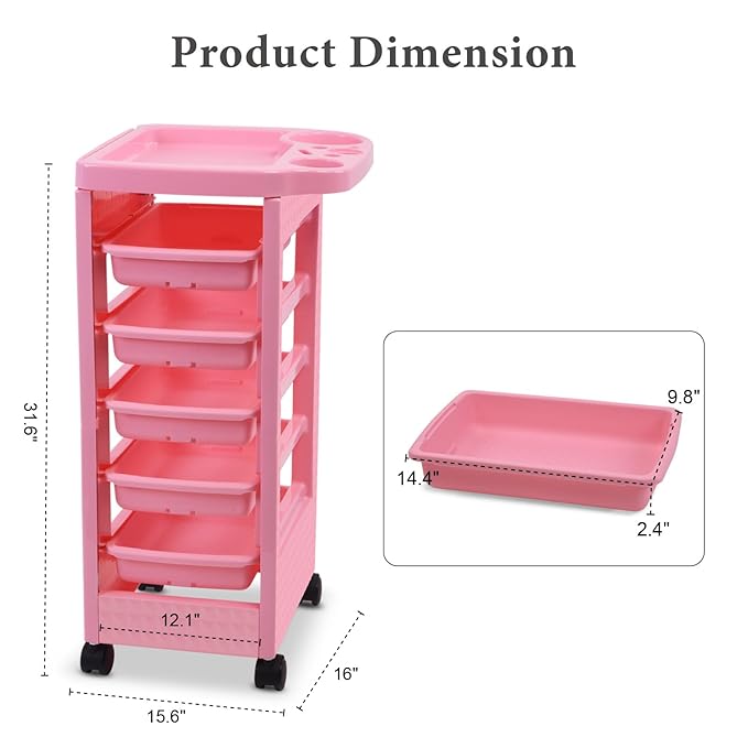 Paddie Pink Salon Trolley Cart with Wheels/5 Drawers/Dryer Holder/Tint Bowl Slot for Hair Stylist, Beauty Equipment