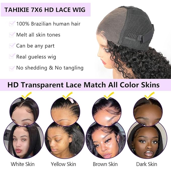 7x6 Burmese Curly Glueless Wigs Human Hair Pre Plucked Pre Cut 250% Density Drawstring Wig Human Hair 7x6 HD Lace Front Wigs Human Hair for Black Women Wear and Go Glueless Wig Natural Color 32inch