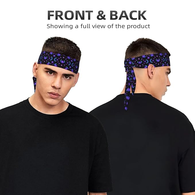 Boys Girls Sports Sweatbands, Boho Style Long Hair Band for Running Travel Spa, Lovely Trippy Purple Goth Moon Crystals Black Sky Headdress Hair Decor
