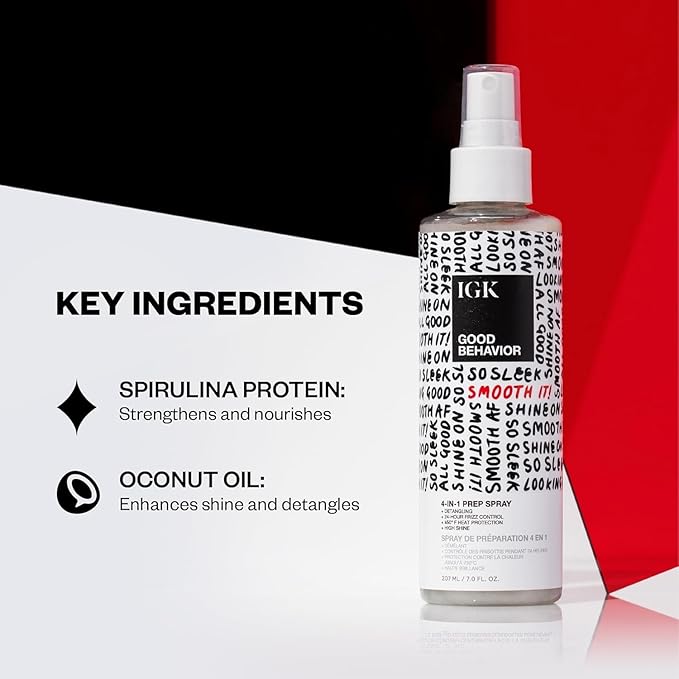 IGK GOOD BEHAVIOR Smoothing Frizz Fighters Travel Set | 4-in-1 Prep Spray + Spirulina Protein Smoothing Spray | Frizz Control + Heat Protectant | Vegan + Cruelty Free