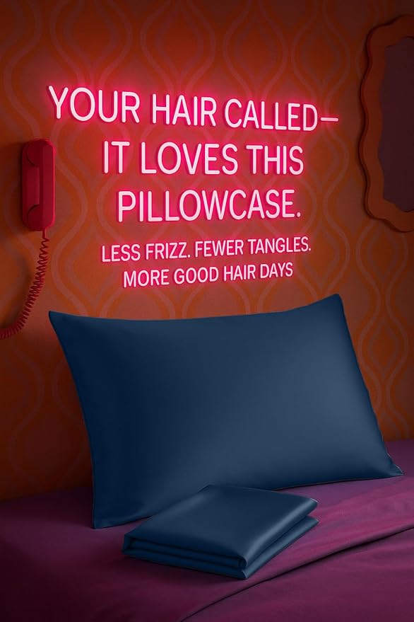 BLISSFORD Satin Pillowcase with Zipper, for Hair and Skin Care, Feels Soft and Cool Like a Silk Pillowcase, Satin Pillow Cases 2 Pack, Slik Pillow Cover, Navy - Queen Size, Set of 2