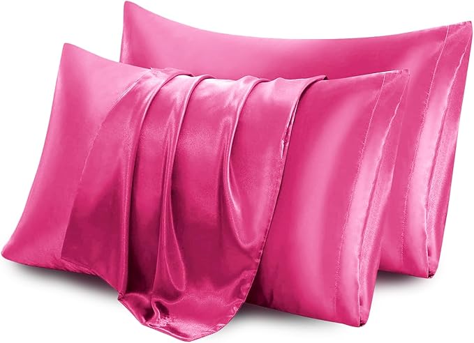 Aormenzy Satin Pillow Cases for Women Standard Size Set of 2, Hot Pink Satin Pillowcase for Hair with Envelope Closure Silky Pillow Covers Wrinkle, Fade Resistant (20x26 Inches)