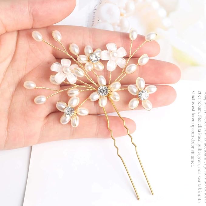 Elegant Pearl Wedding Hair Pins, Bendable Floral Crystal Hair Accessories for Bridal Women, Pack of 3 (Rose Gold)