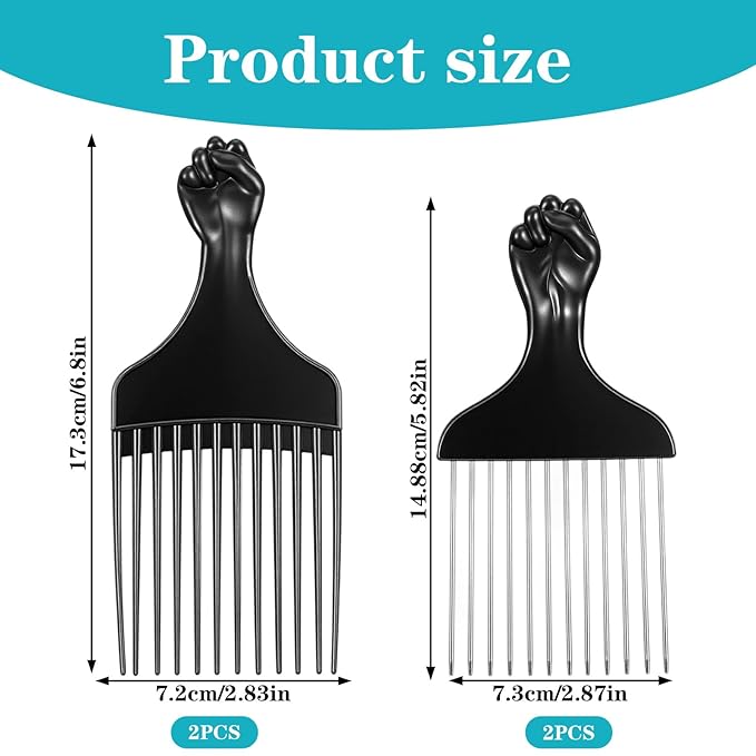 4 Pcs Hair Picks for Curly Hair, Plastic and Metal Hairs Pick for Black Men Wide Tooth Afro Pick Comb Detangling Wig Braid Hairs Styling Tool Hairdressing Styling Tool (Black)