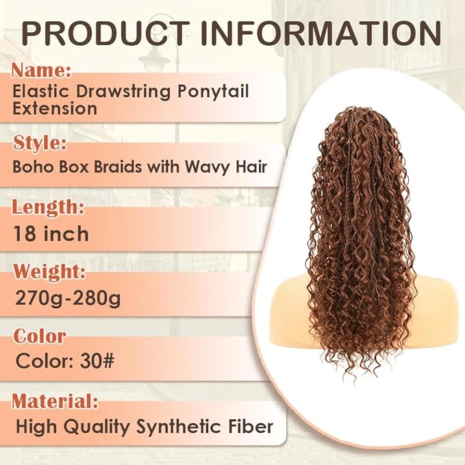 Drawstring Ponytail for Women Boho Box Braids with Long Wavy Hair Ponytail Extension Synthetic Hair Extensions Ponytail for Daily Use (30#, 18 Inch)