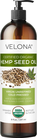 velona Hemp Seed Oil USDA Certified Organic - 8 Fl Oz | 100% Pure and Natural Carrier Oil | Unrefined, Cold Pressed | Hair, Body, Face & Skin Care