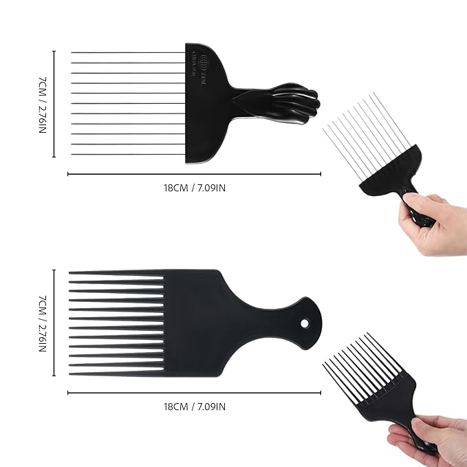 3 Pack Plastic & Metal Hair Pick Comb Set for Curly & Afro Hair – Detangling & Styling for Men & Women – Includes 2 Plastic Picks and 1 Stainless Steel Metal Pick