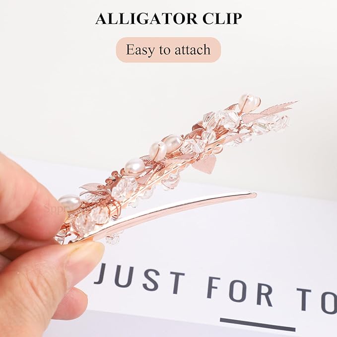 Floral Crystal Pearl Alligator Hair Clip and Rhinestone Bobby Pins, Elegant Hair Accessories for Bridal Women in Wedding or Prom, Set of 3 (Rose Gold)