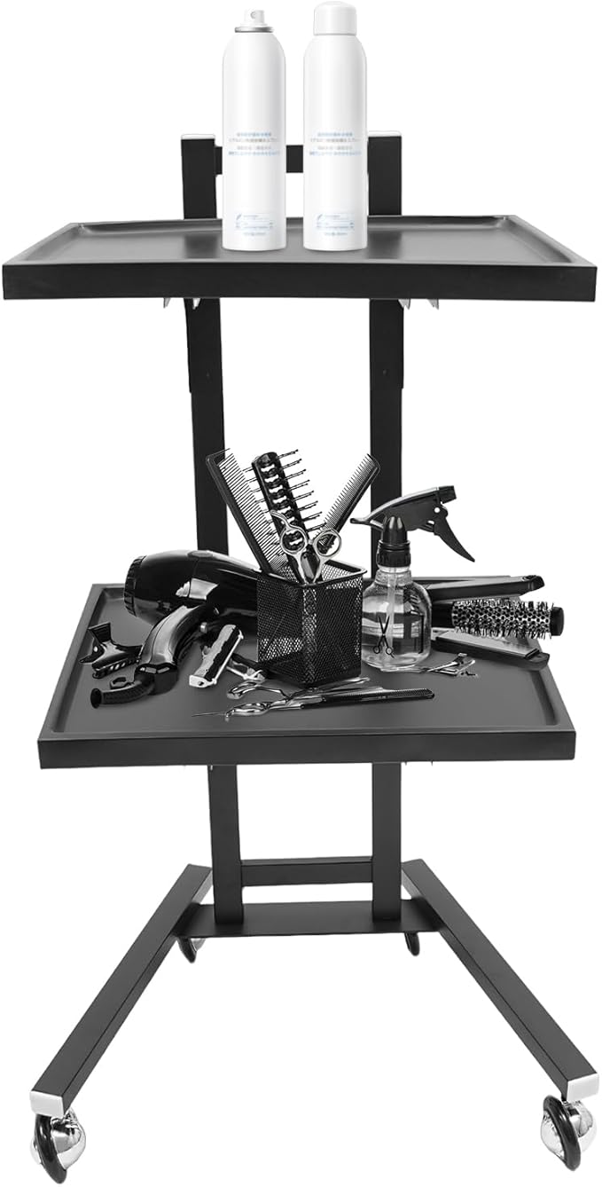 2 Tier Foldable Tray Trolley, Stainless Steel Salon Storage Metal Rolling Cart Mobile Hairdressing Tool Organizer with Wheels for Hair Salon, Studios, Spa Salons (Black)