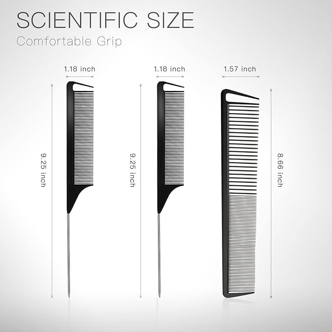3 Pcs Rat Tail Comb Parting Combs for Braids Barber Styling Combs Carbon Fiber Teasing Stainless Steel Pintail Comb for Women Men Fine Teeth Salon Hairdressing Hair Care Tools