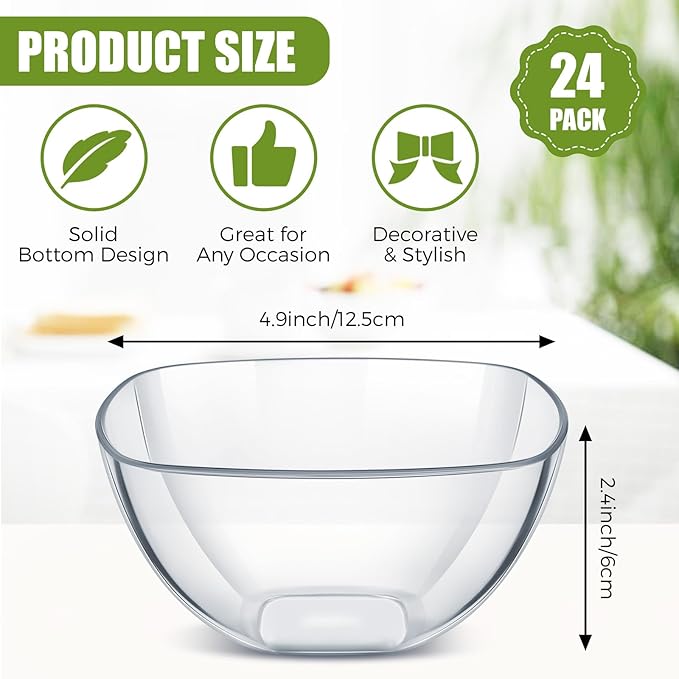 Lallisa 24 Pcs Clear Acrylic Serving Bowls Plastic 16 oz Square Party Snack or Salad Bowl Disposable Plastic Party Bowls for Weddings Baby Shower Buffet Party Snack Chips Candy or Salad
