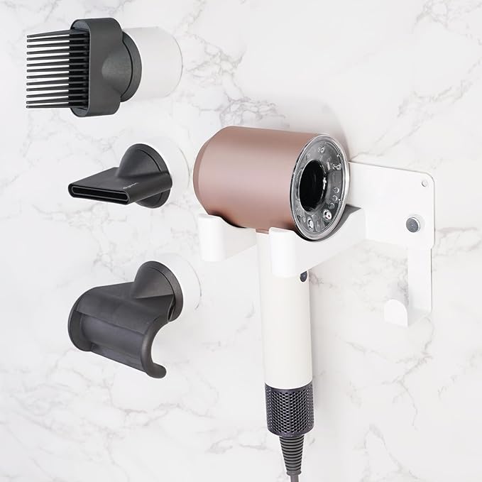 Dyson Hair Dryer Holder, Wall Mounted Aluminum Alloy Hair Dryer Wall Mount for Supersonic/Nural, Dyson Blow Dryer Holder with 3 Magnetic Rings for Salon & Bathroom White UEMUSI