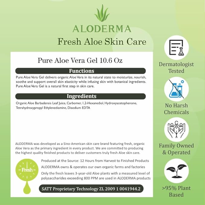 Aloderma 99% Organic Aloe Vera Gel Made within 12 Hours of Harvest - Pump Bottle - Lightweight Aloe Gel for Face and Body, Soothing and Hydrating Sunburn Relief, Great for Scalp & Hair, 3btls x 10.6oz