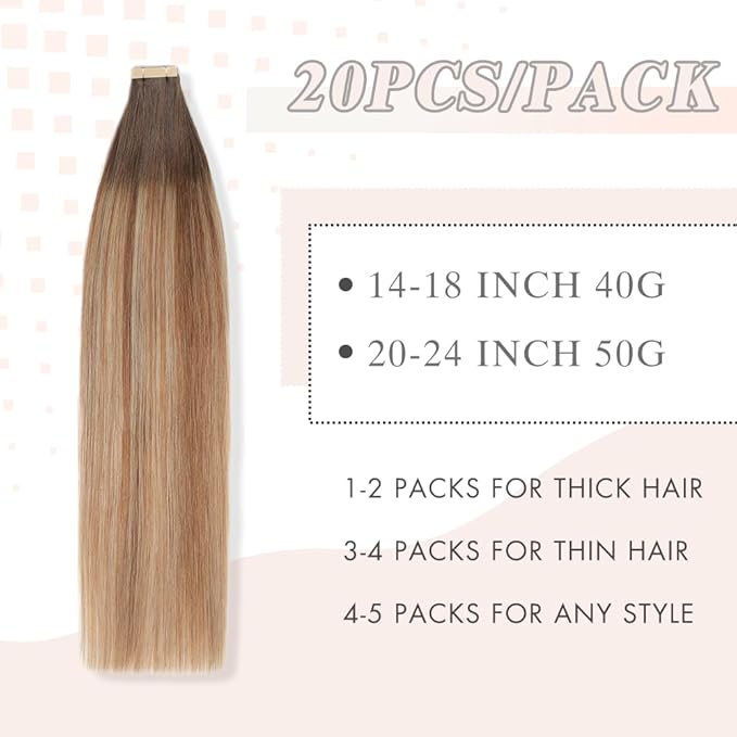 Chestnut Brown to Light Brown Mixed Light Blonde Tape in Hair Extensions Human Hair, 20pcs 16 Inch Remy Hair Extensions Straight Human Hair Tape in Extensions Skin Weft for Women (2/6/18K#,16 Inch)