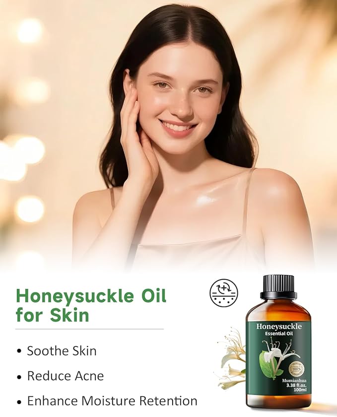 Pure Honeysuckle Essential Oil for Bedtime Serenity, Evening Relaxation & Pillow Mist, Mumianhua Natural Floral Aroma for Reed Diffuser, Hair, Skin, Calming Blends, Candles,Perfume Making 3.38 Fl Oz