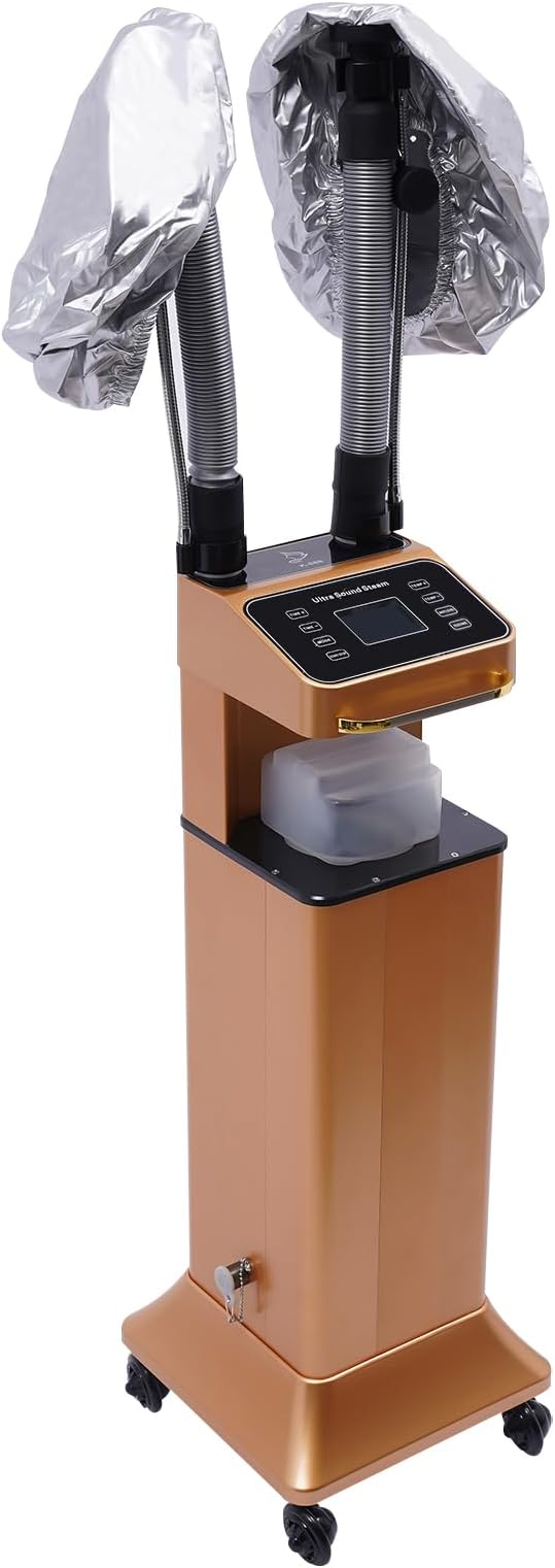 Multifunctional Hair Steamer Cold Mist Ozone Oil Treatment Dyeing Machine with 2 Steam Caps Standing Hooded Hair Care Processor with Wheels 2 Telescopic Tubes Time/Temp Control for Barbershops Salons