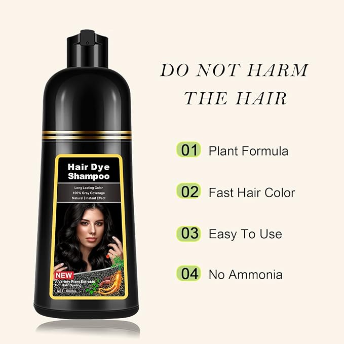 Instant Black Hair Dye Shampoo 3 in 1 for Men Women, Herbal Hair Color Shampoo for Gray Hair Coverage, Natural Champu Para Canas Easy to Use 17.6 FL OZ (Black)