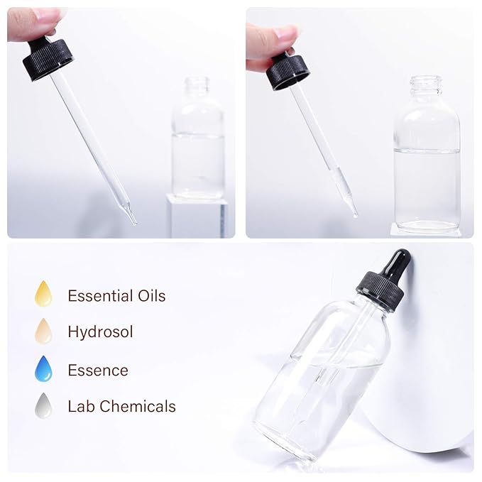 12 Pack 4oz Clear Glass Bottles with Glass Eye Droppers for Essential Oils, Perfumes & Lab Chemicals (1 Brush, 2 Funnels, 2 Extra Droppers, 24 Pieces Labels & 30ml Measuring Cup Included)