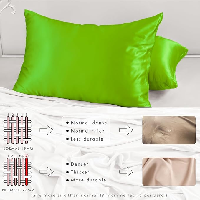PROMEED 23 Momme Silk Pillowcases 2pcs Set Queen, Mulberry Silk Pillow Case Set of 2, Ultra Soft Silk Pillowcase for Hair and Skin (Queen 20"x30", Green)
