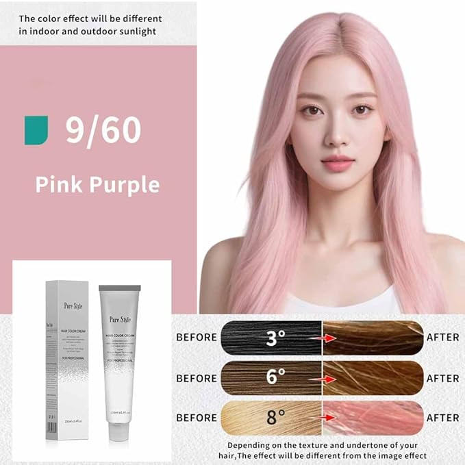 PureStyle 100ml Professional Permanent Hair Color Dye Cream Ammonia Free, Long Lasting Pink Purple Color, 100% Gray Coverage, Natural Shine, For All Hair Types Easy At Home Application