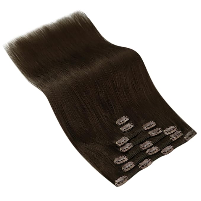 Ve Sunny Clip in Hair Extensions Real Human Hair Dark Brown Hair Extensions Clip ins 14Inch Human Hair Clip in Extensions 100g
