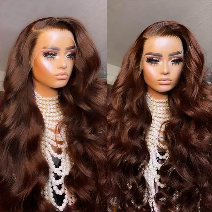 200% Density Chocolate Brown Human Hair Wigs 13x4 Body Wave Lace Front Wig Pre Plucked Chestnut Brown Colored Human Hair Wigs For Women HD Transparent Lace Front Wig 28 Inch