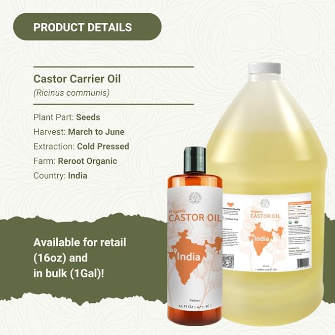 Organic Castor Oil Direct From India - Cold Pressed Castor Oil For Face, Hair Growth, Eyelash Serum, Eyebrow - Skin and Face Moisturizer and Detox - Hexane Free 32oz