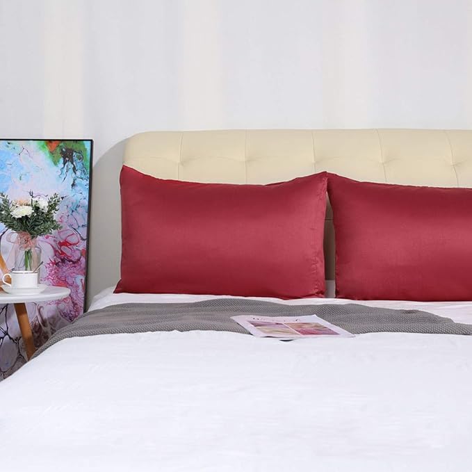 uxcell 2 Pack Silk Satin Pillowcase for Hair and Skin, Cool, Silky, Soft Breathable Pillow Cases King Size 20x36 Inch Sateen Pillowcase Burgundy with Envelope Closure