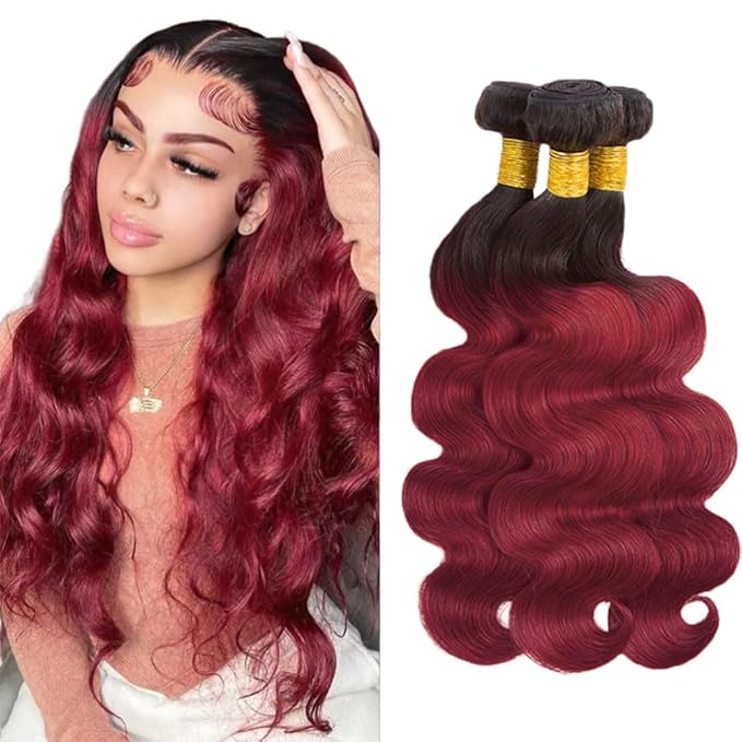 Ombre Human Hair Bundles Burgundy Body Wave Bundles Peruvian Virgin Remy Hair Extensions 22 24 26 Inch Niegmeag Double Weft 2 Tone Black and Red Body Wave Bundle 300g