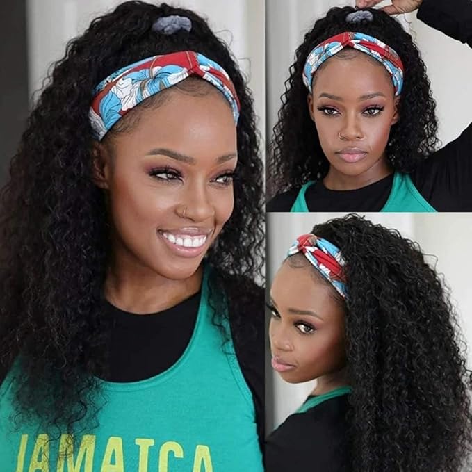 KLAIYI Headband Human Hair Wig Water Wave Curly Non Lace Front Wigs for Black Women Deep Wave Glueless Wear and Go Half Wig with Band 30S Ready to Go Beginner Friendly 180% Density Full Natural 26Inch
