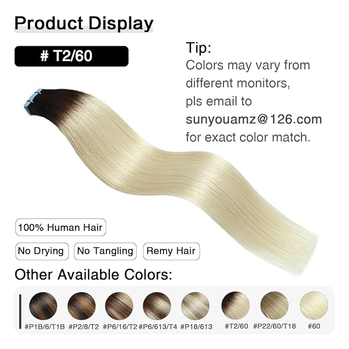SUYYA Tape in Hair Extensions Human Hair Ombre Darkest Brown to Platinum Blonde 16 Inch 40g/pack 20pcs Straight Seamless Skin Weft Tape in Real Human Hair Extensions(16inch #T2/60)