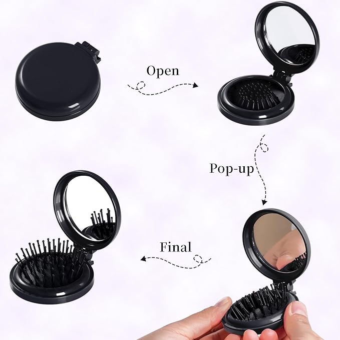 2pcs Folding Travel Mirror Hair Brushes Round Mirror Pocket Hair Brush Portable Mini Pop Up Hair Brushes for Women Girls Wet and Dry Hair