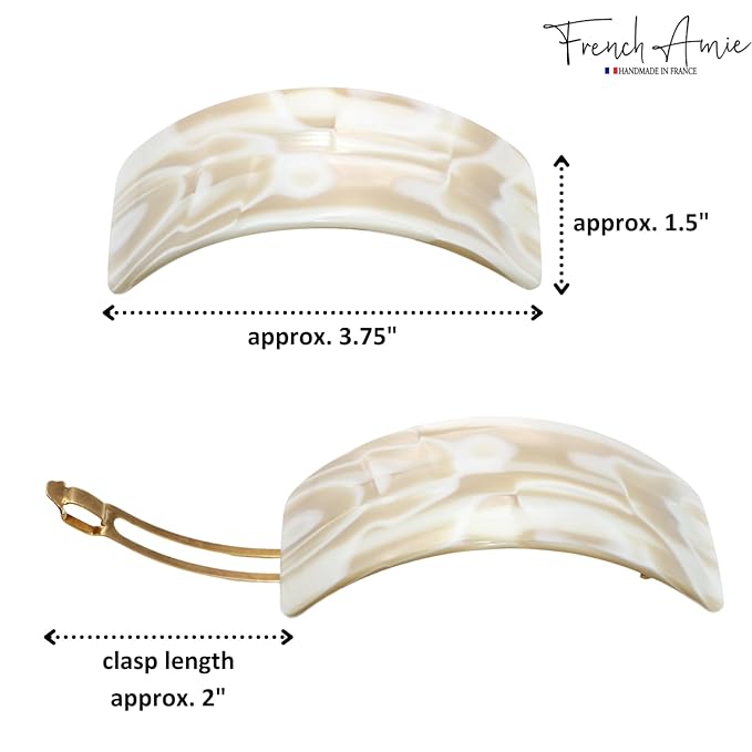 French Amie Broad Curved Oblong Ivory Cream Extra Wide Large Celluloid Acetate Automatic Volume Hair Clip Barrette with Golden Clasp for Women and Girls