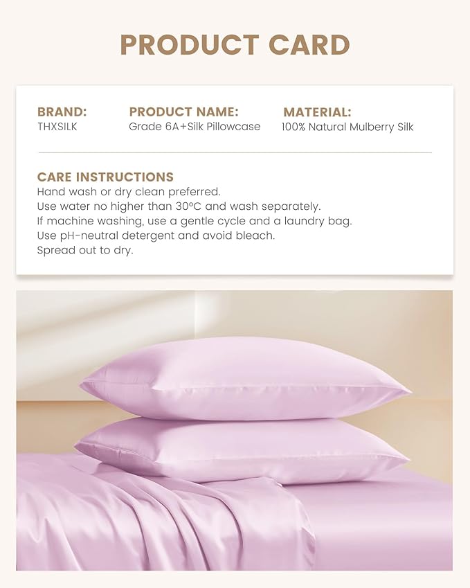 THXSILK Mulberry Silk Pillowcase for Hair and Skin, 100% Mulberry Silk Bed Pillowcase, Hypoallergenic Soft Breathable Silk Pillow Case with Hidden Zipper, King Pillow Case 20"x36", Light Purple