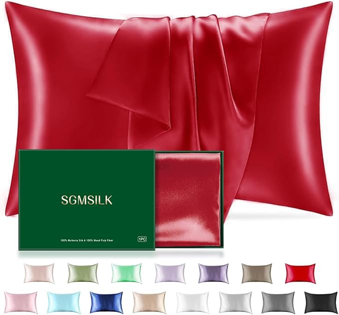 Mulberry Silk Pillowcase for Hair and Skin, SGMSILK 22 Momme Natural Silk Pillow Cases with Zipper, 6A Soft and Smooth Single Sided Pure Silk Pillow Cover (Red, King 20"x36")