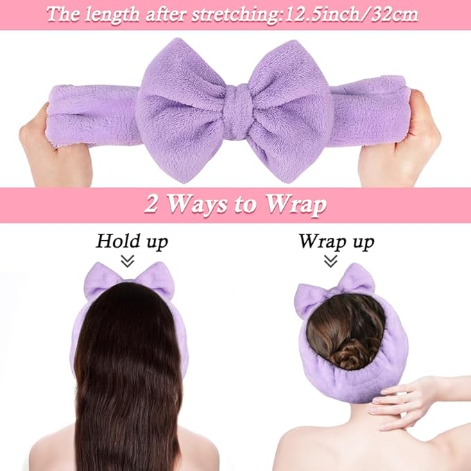 Shintop Spa Headband, Soft Makeup Headband with Cute Bow Elastic Face Wash Hairband for Skincare Facial Mask Showers（Purple）